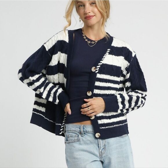 NEW! ⭐️ Umgee USA Umgee Cable-Knit Stripe Button-Up Cardigan size Medium - Picture 1 of 6